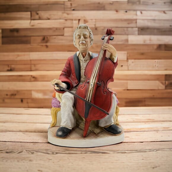 1970 Vintage Melody In Motion Music Box The Cellist Hand Painted Bisque Finish - Picture 1 of 12